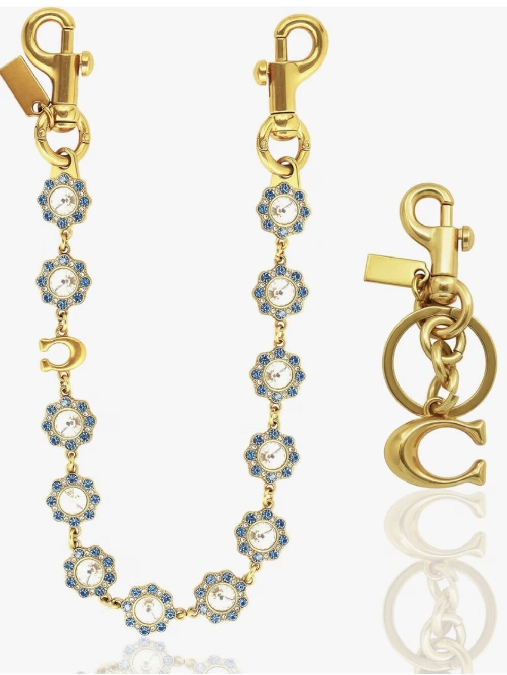 2pc Gold & Blue Flower-Link "C" Charm Chain and Keychain